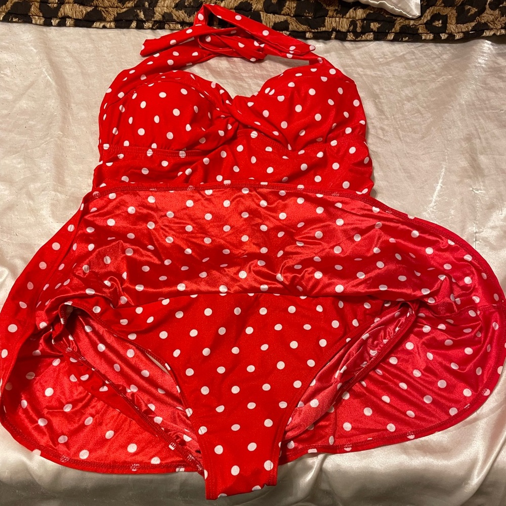Red and White polka dot, halter top swim dress.
